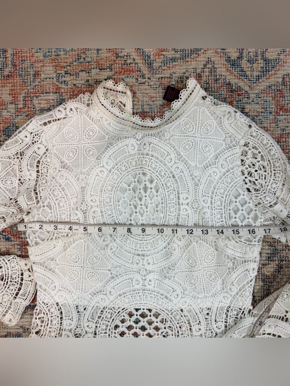 Ivory Crochet Lace Blouse Small High Neck Bell Sleeve Scalloped Boho Romantic - Picture 5 of 7